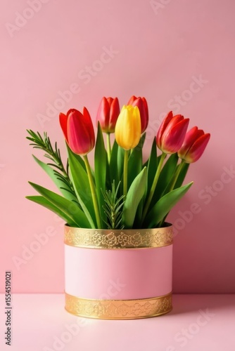 Vibrant Spring Tulips in a Decorative Pink and Gold Container, a Delightful Floral Arrangement