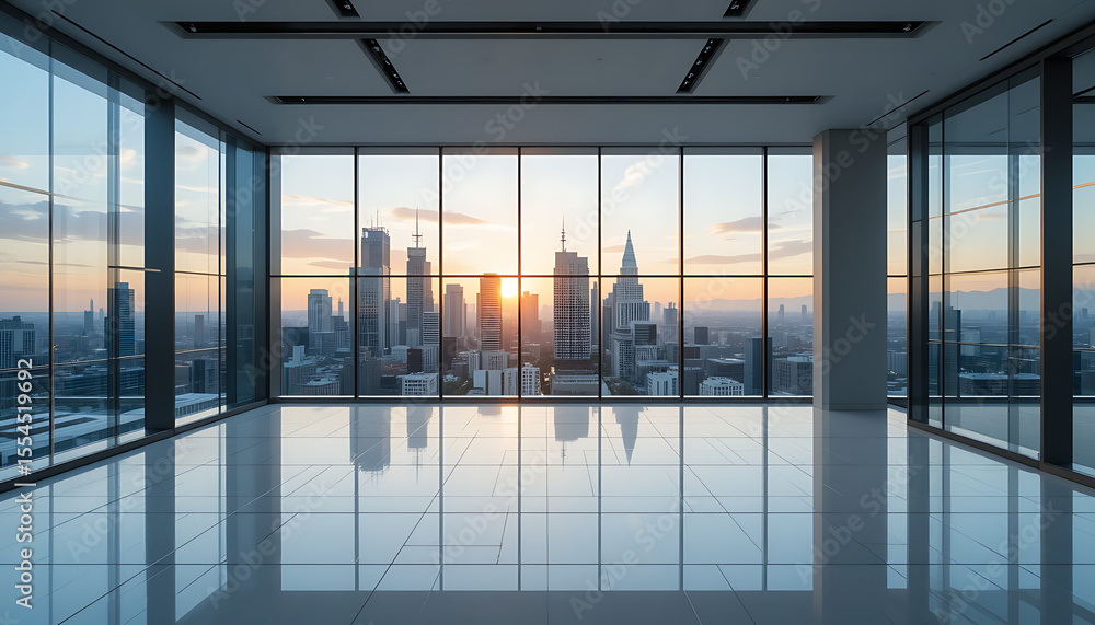 Modern Office Interior with City Skyline View Modern Office Interior with City Skyline View