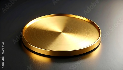 A minimalist gold plate with a smooth, brushed finish is highlighted by a bright spot light source.