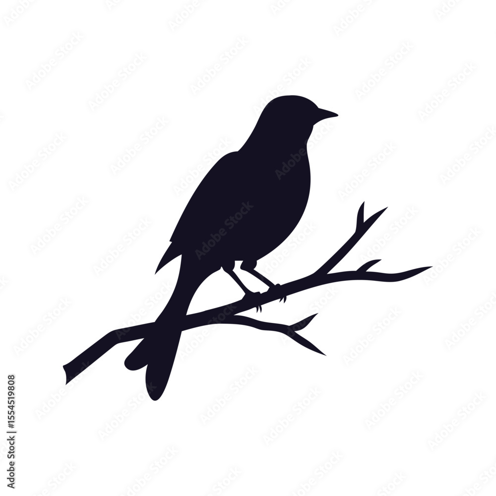 Fototapeta premium Blackbird or Magpie on a Branch Silhouette Vector Icon Graphic.