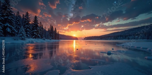 Golden stars shining on the frozen lake or pond surface, golden, peaceful