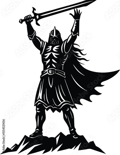 Silhouette of a victorious warrior raising sword
