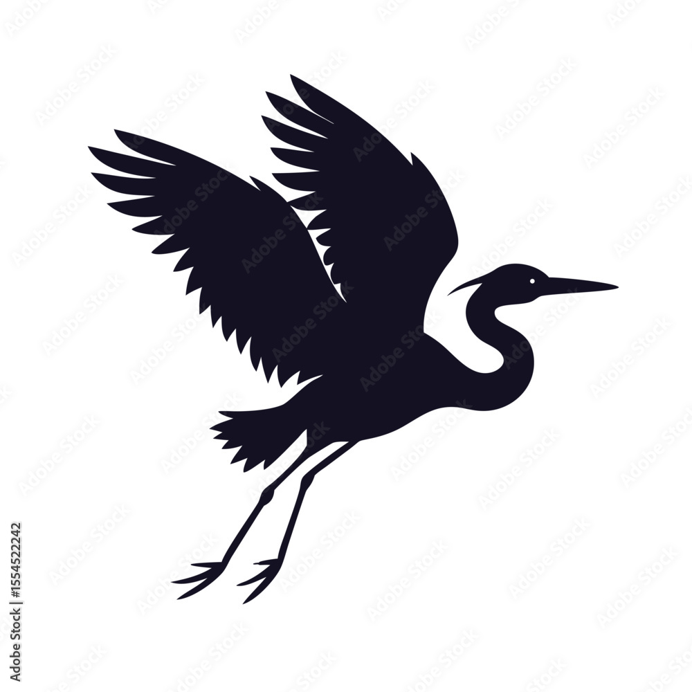 Fototapeta premium Flying Heron with Wings Spread Silhouette Vector Icon Graphic.