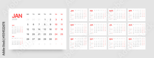 Monthly calendar layout for 2026 year. Diary planner for 2026 year. Week Starts on Monday. 