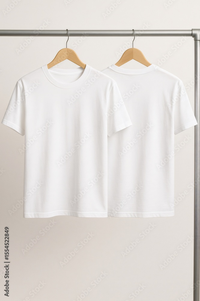 Two plain white t shirts hanging on wooden hangers on a metal clothes rack, perfect for showcasing your designs Two plain white t shirts hanging on wooden hangers on a metal clothes rack, perfect for showcasing your designs