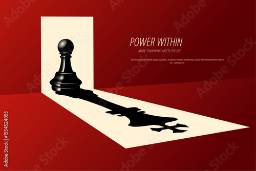 Vector illustration of a pawn casting the shadow of a king. Symbol of inner strength, ambition, growth, and hidden potential. A bold, motivational, and conceptual artwork.