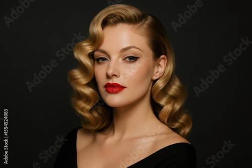 Blonde woman with glamorous curls and striking red lipstick posing elegantly against a sleek black background in a professional studio setting