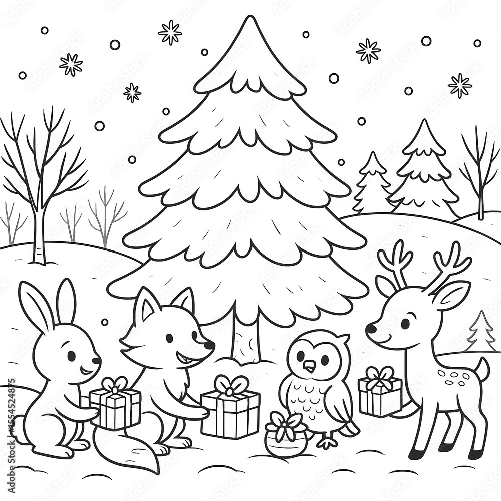 Fototapeta premium Fox, bunny, owl and reindeer exchanging Christmas gifts under a snowy pine tree in a black and white illustration for children's book