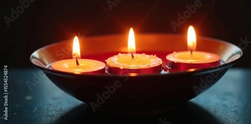 Three candle flames reflected in shiny metal bowl, light reflection, candles