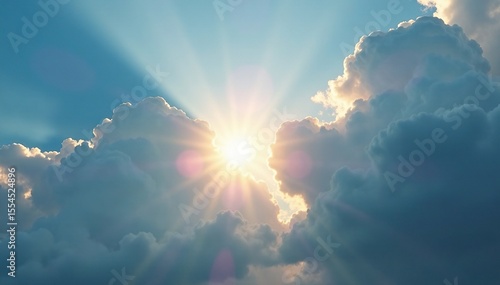 The sun shines through gaps in the thick grey cumulus clouds, cloudscape, landscape, sky