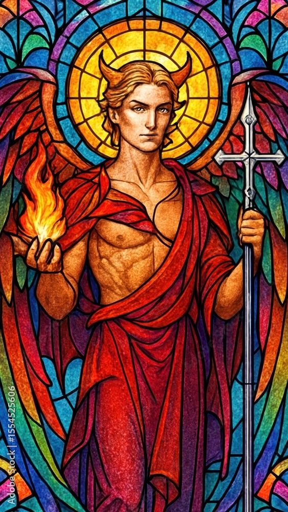 Fototapeta premium Vibrant stained glass angel illustration.