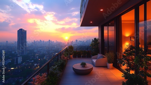 High rise balcony sunset city view illustration