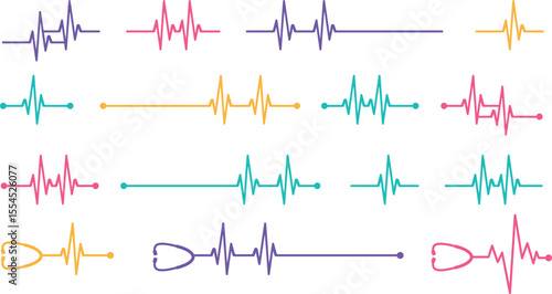 Heart beat line icons set. Illustration of heartbeat and pulse rate signals of an abstract neon energy. Vectors electrocardiogram and heart patterns.