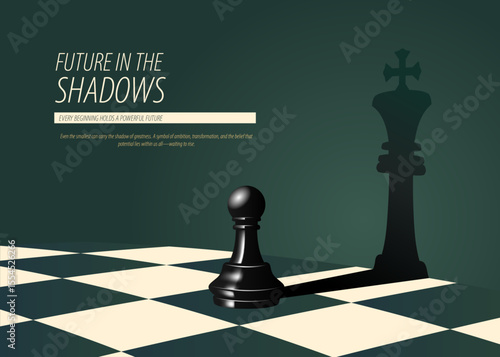 Vector art of a pawn casting a king’s shadow on a chessboard. Symbol of potential, ambition, and the belief that powerful futures can begin from humble beginnings.