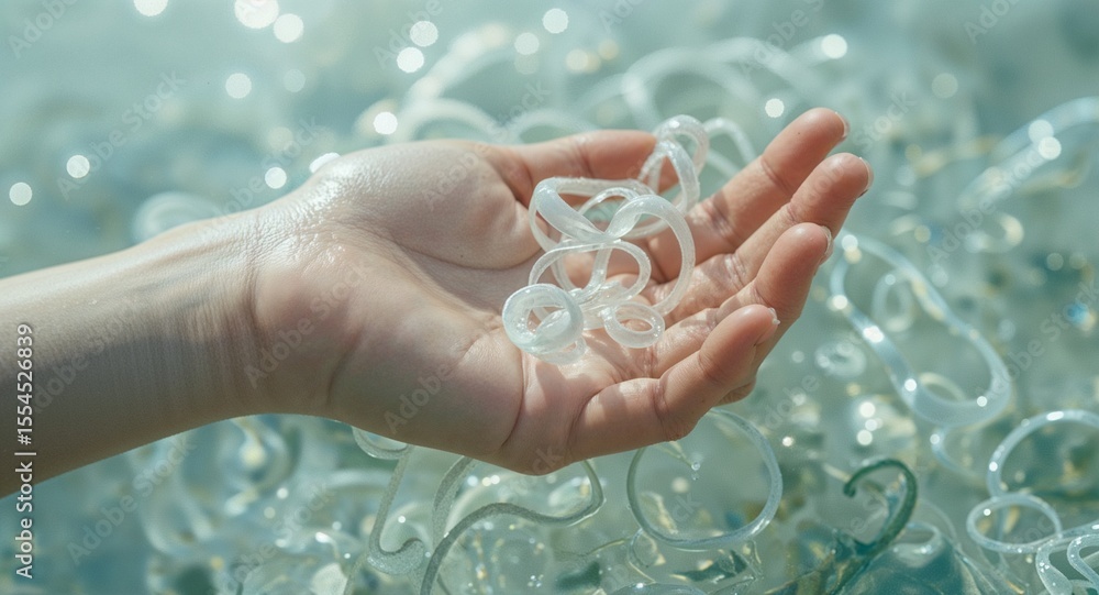 Hand holding plastic can rings surrounded by many rings in a body of water sparkling light Hand holding plastic can rings surrounded by many rings in a body of water sparkling light