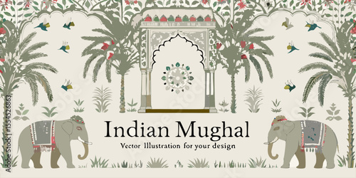 Elegant indian mughal scene with elephants palm trees birds and ornate archway