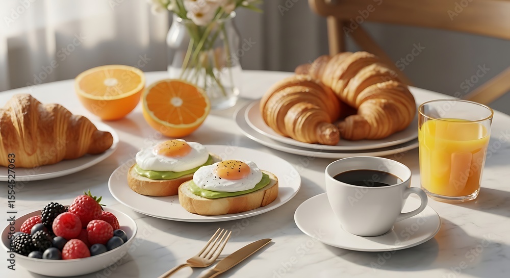 A well-lit breakfast table with croissants, toast, eggs, orange juice, and coffee. A well-lit breakfast table with croissants, toast, eggs, orange juice, and coffee.