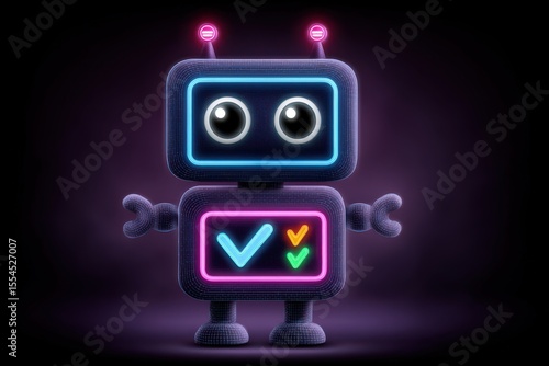 Wallpaper Mural Brightly illuminated robot character showcasing checkmark symbols with a playful design reflecting modern digital artistry and vibrant neon colors appealing to tech enthusiasts and children Torontodigital.ca