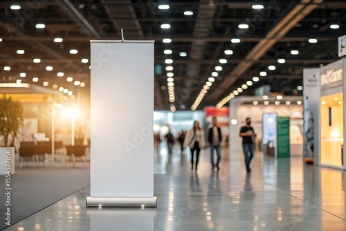 Blank Roll-Up Banner Display in Modern Convention Center, Bright Lighting, Blurred Background, Professional Trade Show Setting