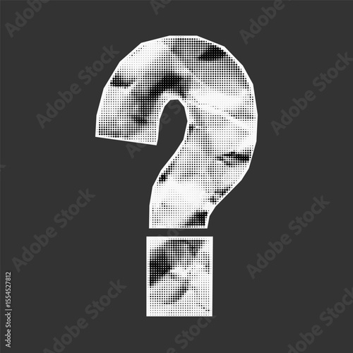 Torn paper question mark in ransom collage style. Wrinkled surface, halftone texture, stipple dot grunge effect, jagged retro shape.