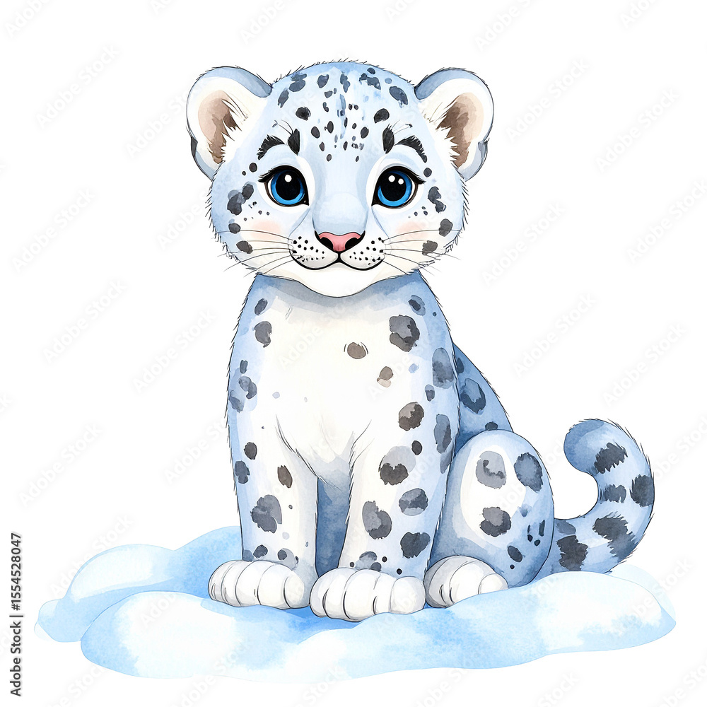 Fototapeta premium Adorable Snow Leopard Cub: A charming illustration of a snow leopard cub sitting on a snowdrift, displaying its distinctive spotted coat and captivating blue eyes.
