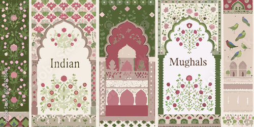 Intricate mughal indian floral archways and architectural details with birds and patterns