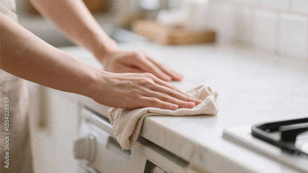 Obraz premium Soft reusable fabric cloth used to clean modern kitchen counter, close-up on hands practicing eco-friendly home care
