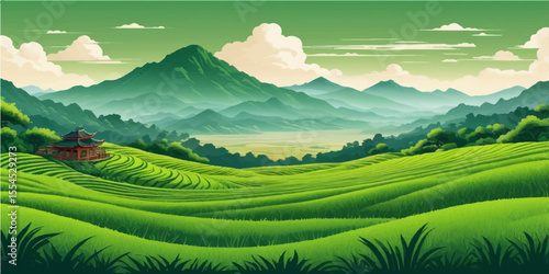 Green grass and summer sky frame a panoramic mountain landscape