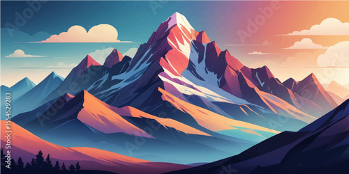 Capturing the serene beauty of a mountain landscape, this image showcases a stunning sunset or sunrise over snow-capped peaks, offering a breathtaking view of nature's artistry under a vast sky of clo