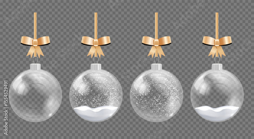 Realistic hanging glass winter balls empty and with snow. Decoration, transparent crystal sphere with snowflakes vector set. Decor, bubble with falling snow