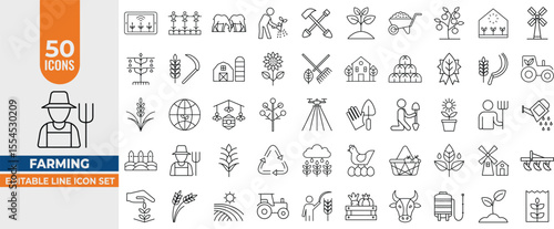 Farming Line Icons Set – Vector Set for Agriculture, Farmers, Animals, Seeding & Garden Tools. Editable Stroke. Vector illustration
