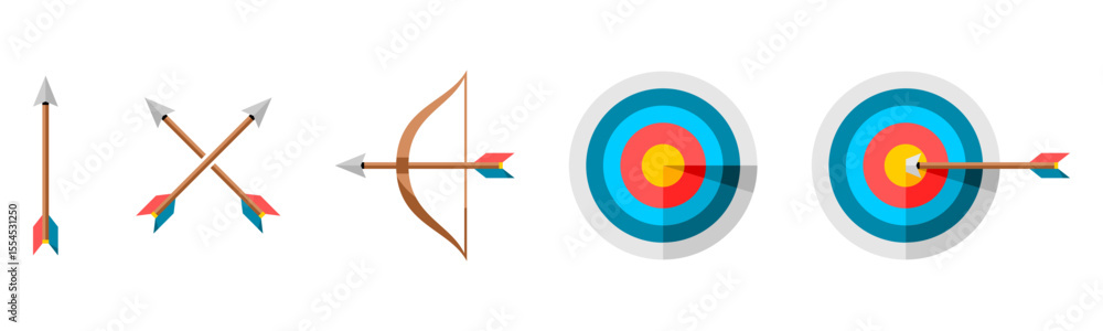 Obraz premium Set bow arrow archer shooting target icon flat vector design