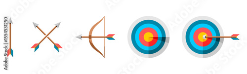 Set bow arrow archer shooting target icon flat vector design