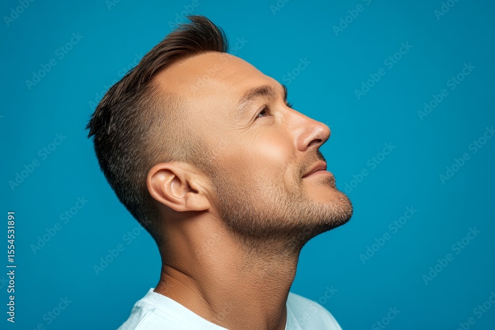 Fototapeta premium A man with timeless elegance and a natural smile. Blue solid background. Fashionable men's low fade haircut - midlife white man with hair. Creative of style for aging men.