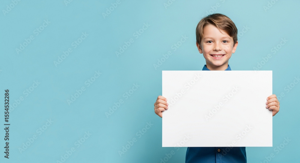 Young boy holding blank sign mockup template for your text message here Young boy holding blank sign mockup template for your text message here