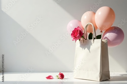 A Delicate Rose and Pastel Balloons Resting in a Simple Tote Bag