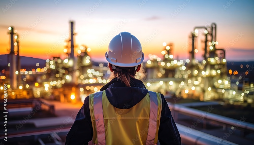 Obraz premium Female Engineer Overlooking Oil Refinery at Sunset Energy Industry Concept.