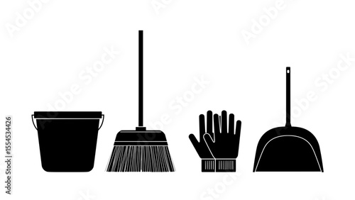 Cleaning tools including bucket, broom, gloves, and dustpan  