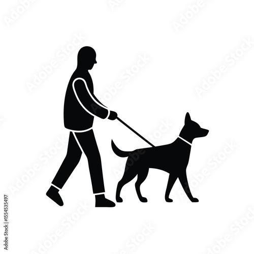 Flat design silhouette of a person walking their dog suitable for various graphic design and illustration projects