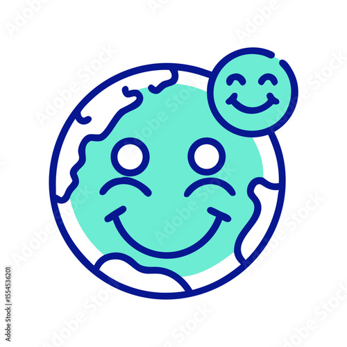 Cheerful earth globe with smiley faces representing happiness and positive environmental impact
