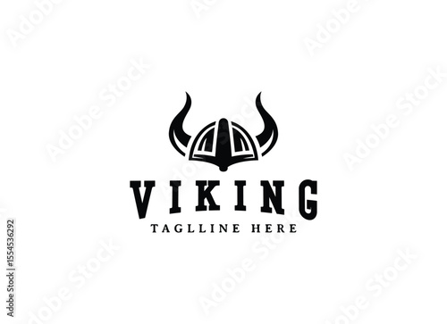 Viking and anchor logo. Scandinavian sailors symbol. Nordic warrior design. Horned Norseman symbol. Barbarian man head icon with horn helmet and beard.