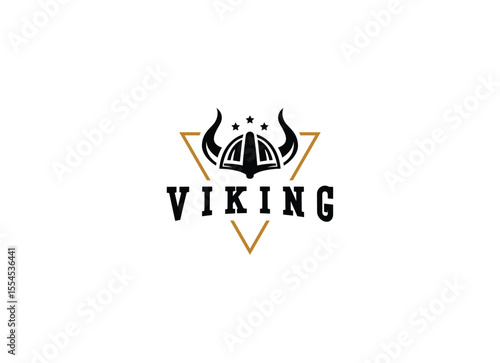 Viking and anchor logo. Scandinavian sailors symbol. Nordic warrior design. Horned Norseman symbol. Barbarian man head icon with horn helmet and beard.