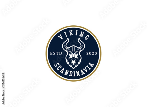 Viking and anchor logo. Scandinavian sailors symbol. Nordic warrior design. Horned Norseman symbol. Barbarian man head icon with horn helmet and beard.