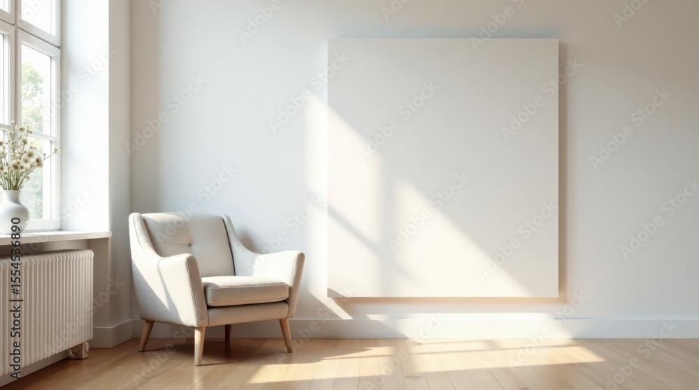 Serene Minimalist Room Interior Featuring a Comfortable Armchair and a Large Blank Canvas for Display Serene Minimalist Room Interior Featuring a Comfortable Armchair and a Large Blank Canvas for Display