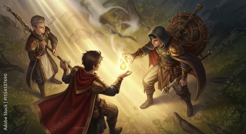 Obraz premium Three Adventurers Gather Together for a Magical Encounter in the Enchanted Forest