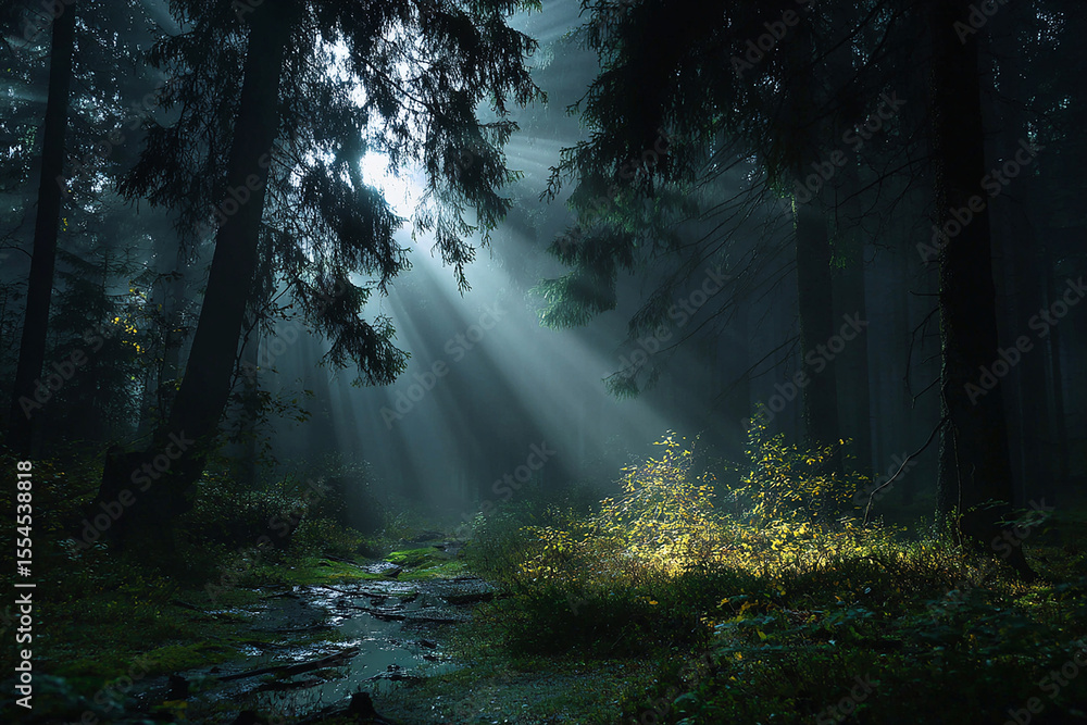 Fototapeta premium Sunbeams piercing dark forest canopy illuminating misty woodland path light rays