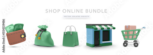 Wallet with Money, Money Bag, Shopping Bag, Storefront, and Cart with Parcel in 3D Style. Designed for Online Shopping, Retail Finance, and Delivery Services. Vector Illustration.