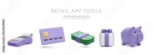POS Terminal, Credit Card, Money Stack, Gift Box, and Piggy Bank in Smooth 3D Style. Perfect for Finance Apps, Online Payments, and Retail Services. Vector Illustration.