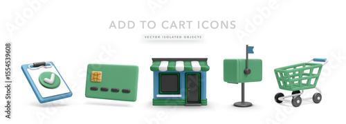 Clipboard with Checkmark, Credit Card, Storefront, Mailbox, and Shopping Cart in Clean 3D Style. Ideal for Online Shopping, E-commerce UI, and Retail Illustrations. Vector Illustration.