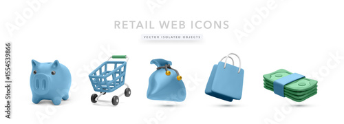 Piggy bank, shopping cart, money bag, shopping bags, and cash stack icons. Vector illustration for ecommerce savings, budgeting, online purchases, and digital retail platforms.